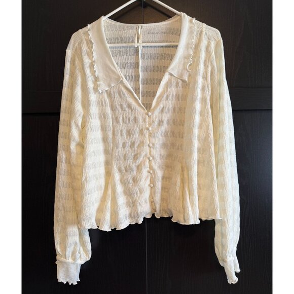 Anthropologie Women's Long Sleeve White Semi Sheer Striped Peasant Blouse XL - Picture 1 of 11